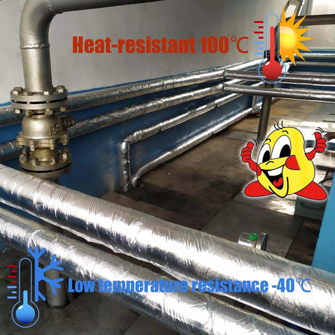 Self Seal Rubber Pipe Wrap Insulation With Aluminum Foil Layer on pipes, thermal barrier for boiler piping, temperature indicators shown.