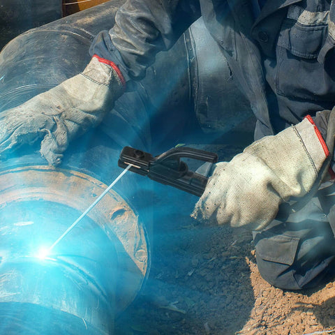 Person using MMA Arc Welding Electrode Holder And Ground Clamp Lead With 1.5m Cable 10-25 DIN Connector Copper Construction
