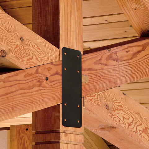 Built Like A Tank Heavy Duty I Shape Post To Beam Connectors Four Pack 10 By 3 Inch black coated mending plate on wooden beams