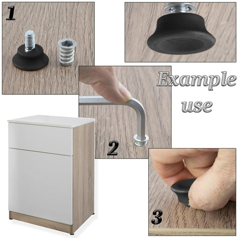 4 Pack Adjustable Furniture Leveling Feet Kit with M8 Screws and M8 Threaded Inserts shown in use on wood surface.