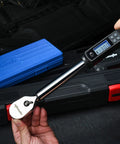 Half Inch Digital Torque Wrench With Rotating Display For Precise Fastening, 19.9 To 154.8 Lb Ft Range, Four Percent Accuracy, Beep Alerts When Target Reached, Easy Unit Conversions Between Lb Ft Nm Kg, Half Inch Drive, Made In Taiwan in blue case