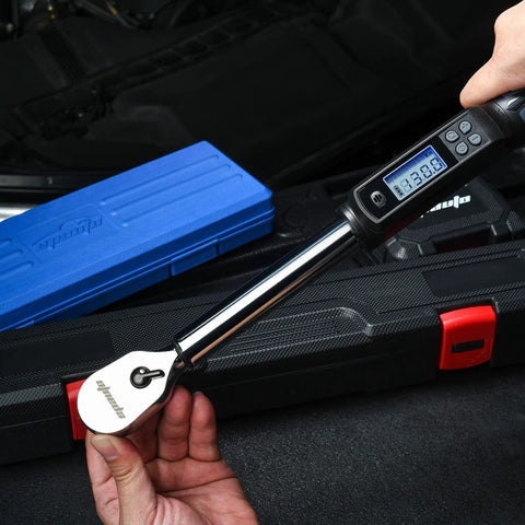 Half Inch Digital Torque Wrench With Rotating Display For Precise Fastening, 19.9 To 154.8 Lb Ft Range, Four Percent Accuracy, Beep Alerts When Target Reached, Easy Unit Conversions Between Lb Ft Nm Kg, Half Inch Drive, Made In Taiwan in blue case