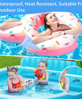 Children playing in inflatable pool with waterproof repair tape shown in use on pool wall, highlighting durability and outdoor suitability.