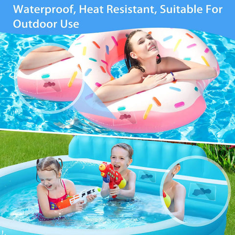 Children playing in inflatable pool with waterproof repair tape shown in use on pool wall, highlighting durability and outdoor suitability.