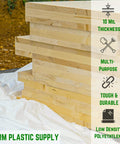 Wood boards stacked on 10 mil thick heavy duty polyethylene film for moisture protection, ideal vapor barrier for crawl space