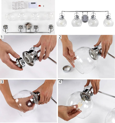 Assembly of 34 Inch Chrome Shirley 4 Light Vanity Light With Metal Wall Sconce And Clear Seeded Glass Shade, components shown