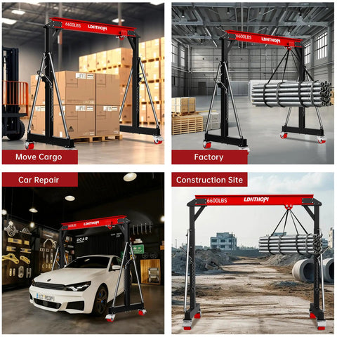 Heavy Duty 3 Ton Gantry Crane 6600 Lbs Heavy Liftin Power With Manual Trolley Hook And Shackles Portable Workshop Hoist in factory setting.