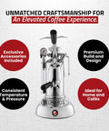 Heavy Hitter 54 Oz Manual Lever Espresso Machine Featuring Chrome And Walnut Finish Curved Portafilter, showcasing chrome details and pressure gauge.