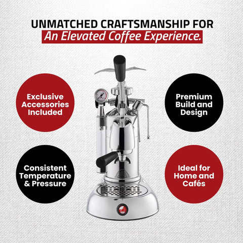 Heavy Hitter 54 Oz Manual Lever Espresso Machine Featuring Chrome And Walnut Finish Curved Portafilter, showcasing chrome details and pressure gauge.