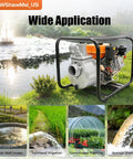 Straight Up Heavy Duty 196Cc Four Stroke Diesel Water Pump in grass for yard irrigation and drainage applications.