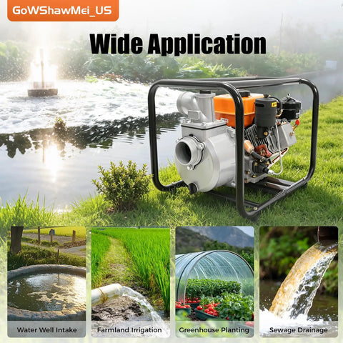 Straight Up Heavy Duty 196Cc Four Stroke Diesel Water Pump in grass for yard irrigation and drainage applications.