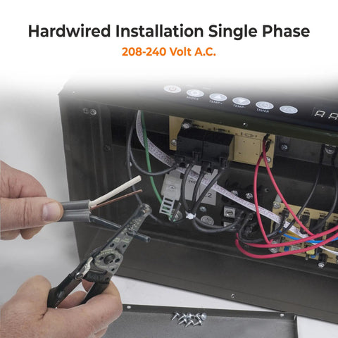 Hard Wired Ceiling Mount Garage Heater With Remote 7500 Watt 240 Volt Fan Forced Heat Overheat Protection Digital Thermostat 12 Hour Timer Space Saving Garage And Workshop Heating Toasty wiring installation close-up