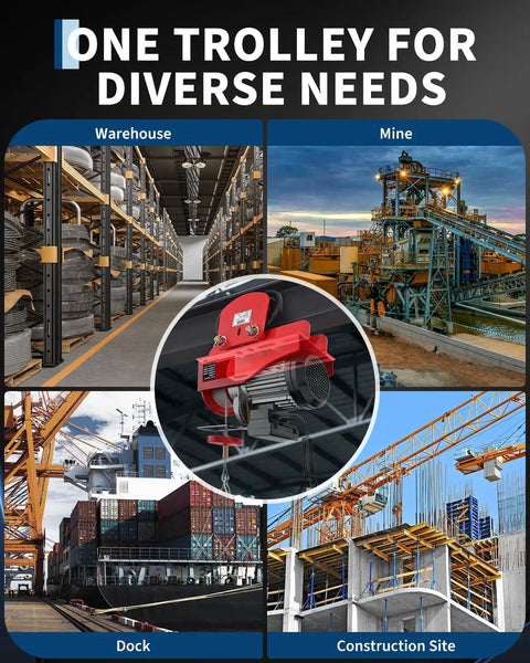 Heavy Duty 1 Ton Electric Hoist Trolley With Adjustable Flange Width For I-Beams in warehouse, mine, dock and construction site.