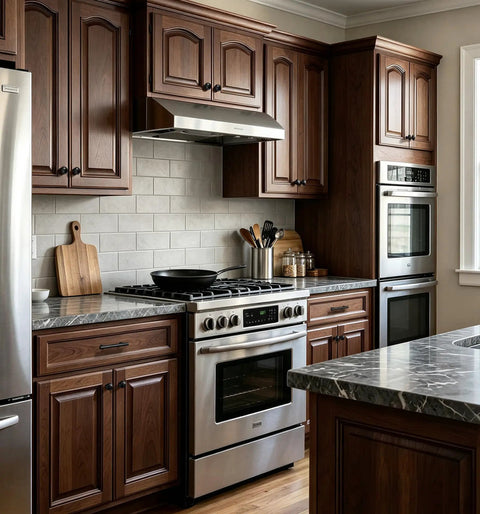 Matte Black Round Euro Style Cabinet Knobs One And One Quarter Inch 30 Pack Upgrade Your Cabinets Dresser Drawers Vanities And Coordinating With Appliances Faucets And Hardware Durable Finish And Easy Installation For Makeover Updates In Kitchen Or Bath on dark wood kitchen cabinets