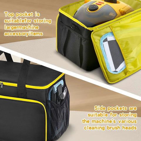 Heavy Duty Steam Cleaner Storage Tote With Flexible Slots For Holding Every Wand Filter And Spray Nozzle Keeping Your Deep Clean Setup Slick And Fully Loaded Before You Hit The Road, showing top and side pockets for accessories.
