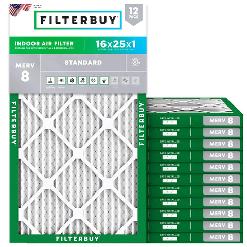 Stack of 12 Filterbuy 16x25x1 Air Filter MERV 8 Electrostatic Pleated Replacement for Furnace Air Conditioner and Heat Pump