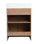 HAOCHRYSYPH Bathroom Resin Sink, Gloss White, 23.60 L x 18.10 W x 4.70 H in. back view with wooden cabinet storage.