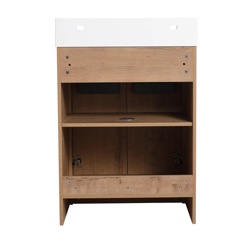 HAOCHRYSYPH Bathroom Resin Sink, Gloss White, 23.60 L x 18.10 W x 4.70 H in. back view with wooden cabinet storage.