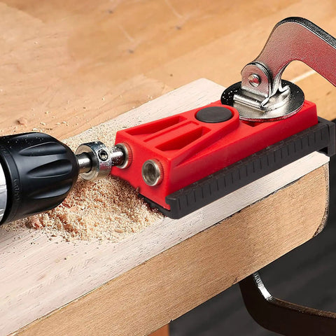 Close-up of Pocket Hole Jig Set with Two Hole Jig Step Drill Bit Stop Collar in use on wood, featuring magnetic base and metric scale.