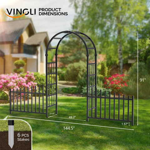 PVC Garden Arch Trellis With Fence For Climbing Plants Outdoor 91 Inch High Entryway Garden Gate Divider Black Finish Ideal For Weddings Parties Christmas And Birthday Decor with dimensions overlayed
