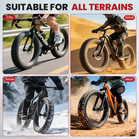 1 Pack 20x4 Fat Tire Inner Tube With Schrader Valve For Mountain Bikes And E Bikes, Beefy Butyl Rubber Replacement, shown in four terrains.