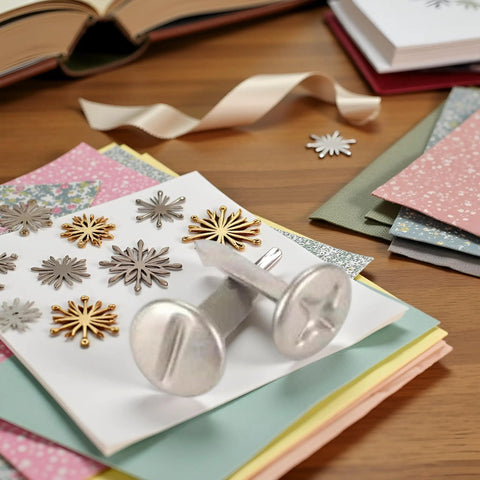 Top Tier 100 Pack 8mm Slotted Phillips Head Screw Brads In Sleek Silver on colorful paper with embellishments and ribbon.