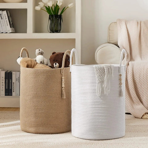Cotton Rope Laundry Hamper Basket 58L Tall Woven Collapsible Organizer For Blankets Clothes Toys In Laundry Room Storage