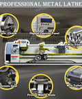 8x31 metal lathe with digital control panel and electronic leadscrew; 3-jaw chuck, MT2 tailstock, metric scale.