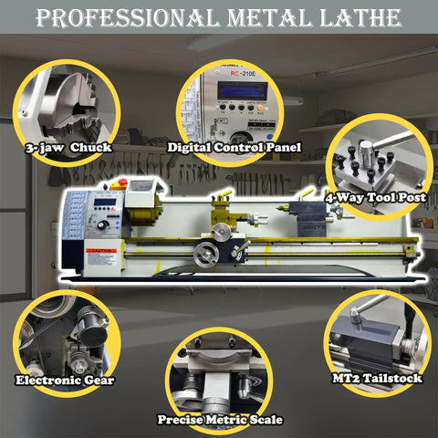 8x31 metal lathe with digital control panel and electronic leadscrew; 3-jaw chuck, MT2 tailstock, metric scale.