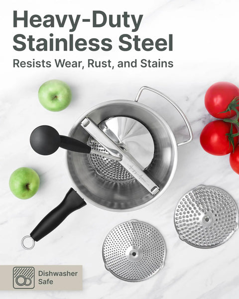 Compact Stainless Steel Food Mill With Three Discs Ergonomic Rotary Hand Crank And Removable Handles For Tomato Sauce Applesauce Baby Food Mashed Potatoes And Puree No Fuss Easy Home Cooking And Texture Control For Small Batches top view with discs and crank