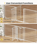 Deluxe Walk Through Pet Gate For Stairs And Doorways One Hand Operation Hardware Mounted Extra Wide Opening 24.6 to 80 Inches, 29 Inches Tall with Foldable Three Panel Angled Design in dual direction opening mode on wooden floor.