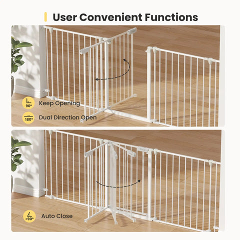Deluxe Walk Through Pet Gate For Stairs And Doorways One Hand Operation Hardware Mounted Extra Wide Opening 24.6 to 80 Inches, 29 Inches Tall with Foldable Three Panel Angled Design in dual direction opening mode on wooden floor.