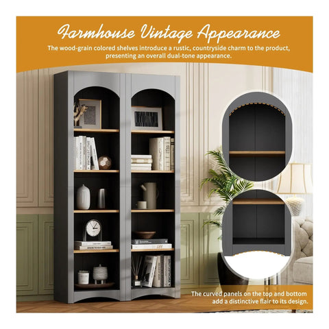 Farmhouse Two Tone 5 Tier Book Shelves And Cabinet Set With Adjustable Shelves in living room, rustic dual-tone style.