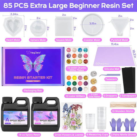 Epoxy Resin Kit With Molds For Newbies 18 Oz Clear Hard Resin Starter Casting Arts And Crafts DIY Gift Set, shown with molds, mat, and tools.