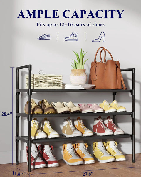 Three Tier Shoe Organizer Rack For Closet Entryway And Bedroom With Wide Shelves Easy Assembly Go To Storage Shelf With Side Handles Durable Black 27.6 Inches Wide, holding shoes and accessories