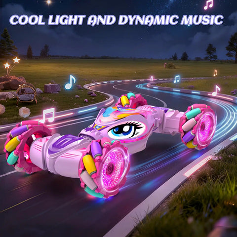 Pink Gesture Sensing Remote Control Car for kids age 6 to 12, 4WD hand controlled stunt RC car with lights and music on a track
