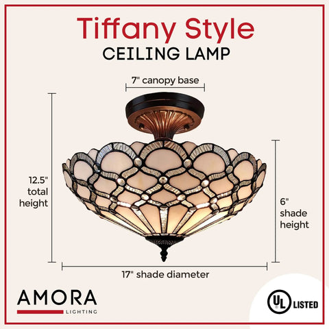 Vintage Tiffany Style Ceiling Lamp 17 Inch Wide With White Jeweled Stained Glass Chandelier Lighting For Dining Room