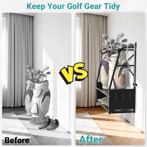 Two Bag Golf Bag Organizer Wall Mount Or Freestanding With Four Club Racks Ten Hooks And Storage Shelf Adjustable Feet Space Saving Stand For Garage Store Club Shed before and after view