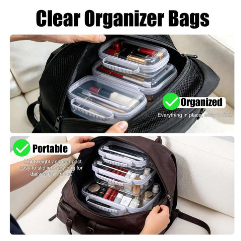 3 Pack Legit Hard Shell Zipper Cases Featuring Crystal Clear Visibility Deep Bottom Layout And Totally Waterproof Build For Dope Storage Solutions And Straight Up Quick Access in black and brown backpacks.