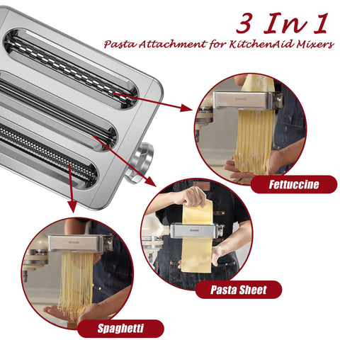 Built Tough All Metal Pasta Attachment For KitchenAid Mixers with Fettuccine, Spaghetti, and Pasta Sheet options.