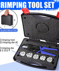 Six Piece Ratchet Crimp Tool Kit With Interchangeable Dies For Heat Shrink Insulated Nylon And Non Insulated Wires Wire Ferrules Open Barrel Terminals And Solar Connectors Pro Grade Durable Tooling For Clean Consistent Crimps displayed in open carrying case with tool and dies visible