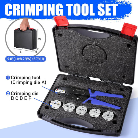 Six Piece Ratchet Crimp Tool Kit With Interchangeable Dies For Heat Shrink Insulated Nylon And Non Insulated Wires Wire Ferrules Open Barrel Terminals And Solar Connectors Pro Grade Durable Tooling For Clean Consistent Crimps displayed in open carrying case with tool and dies visible
