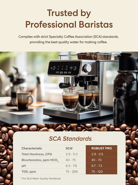 Heavy Duty Five Stage Reverse Osmosis System With Post Brew Coffee Mineral Boost For Kickin Smooth Specialty Sips And Bold Daily Grinds Rock Solid High Efficiency Water Filter displayed with coffee machine and SCA standards.