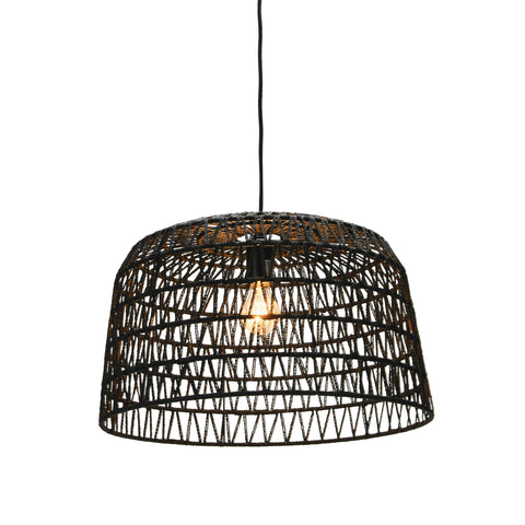 Boho Modern Hanging Rattan Pendant Light With Iron Frame And Natural Paper Wrap Charcoal Gray Woven Lamp In Black Finish