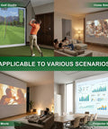 Man using Ultra Clear Golf Simulator Screen For Indoor And Outdoor Practice, Easy Install Projection Screen With High Impact Resistance.