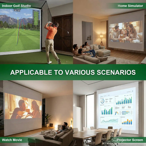 Man using Ultra Clear Golf Simulator Screen For Indoor And Outdoor Practice, Easy Install Projection Screen With High Impact Resistance.