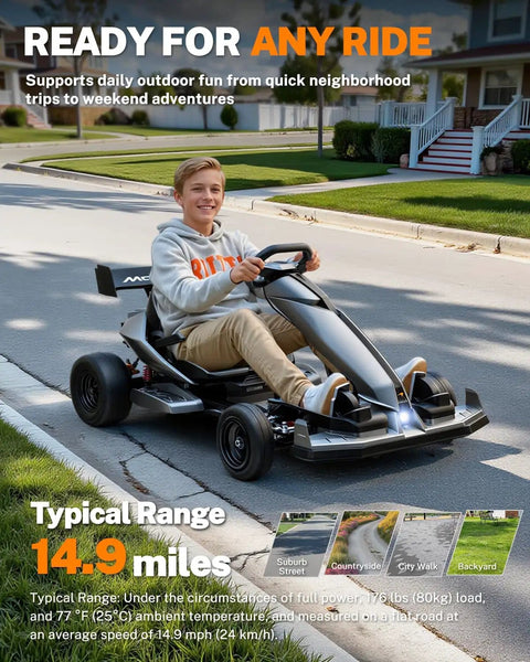 Boy riding Licensed McLaren 48V Go Kart For Ages 14 And Up Dual 750W Brushless Motors Up To 15 MPH Pro Grade Drift Tires on street