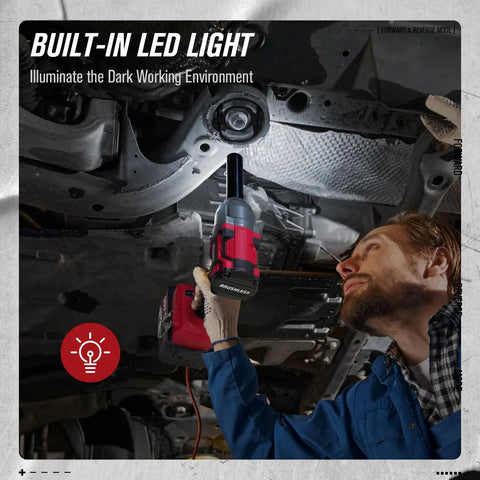 Mechanic using Brushless Half Inch Cordless Impact Wrench 20V with built-in LED light under vehicle