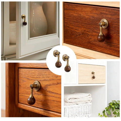 Antique Tear Drop Walnut Drawer Pulls Set Two Pack With Screws shown on various cabinets and furniture.