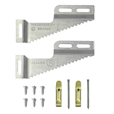 Rock Solid Self Leveling Sawtooth Picture Frame Wall Hangers For Wood Art Displays With No Hassle Easy Install Hardware Kit components including brackets and screws.